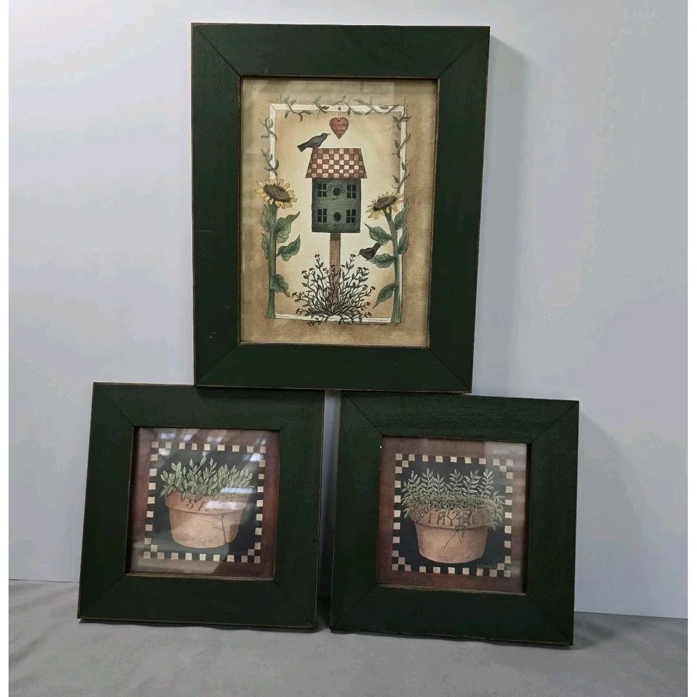 Country Cottage Decor 3-Piece Picture Set Green Frame Birdhouse Tyme Sage